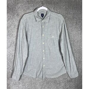 GAP‎ Button Up Shirt Mens Size Large Gray Cotton Roll Tab Long Sleeve Pocket